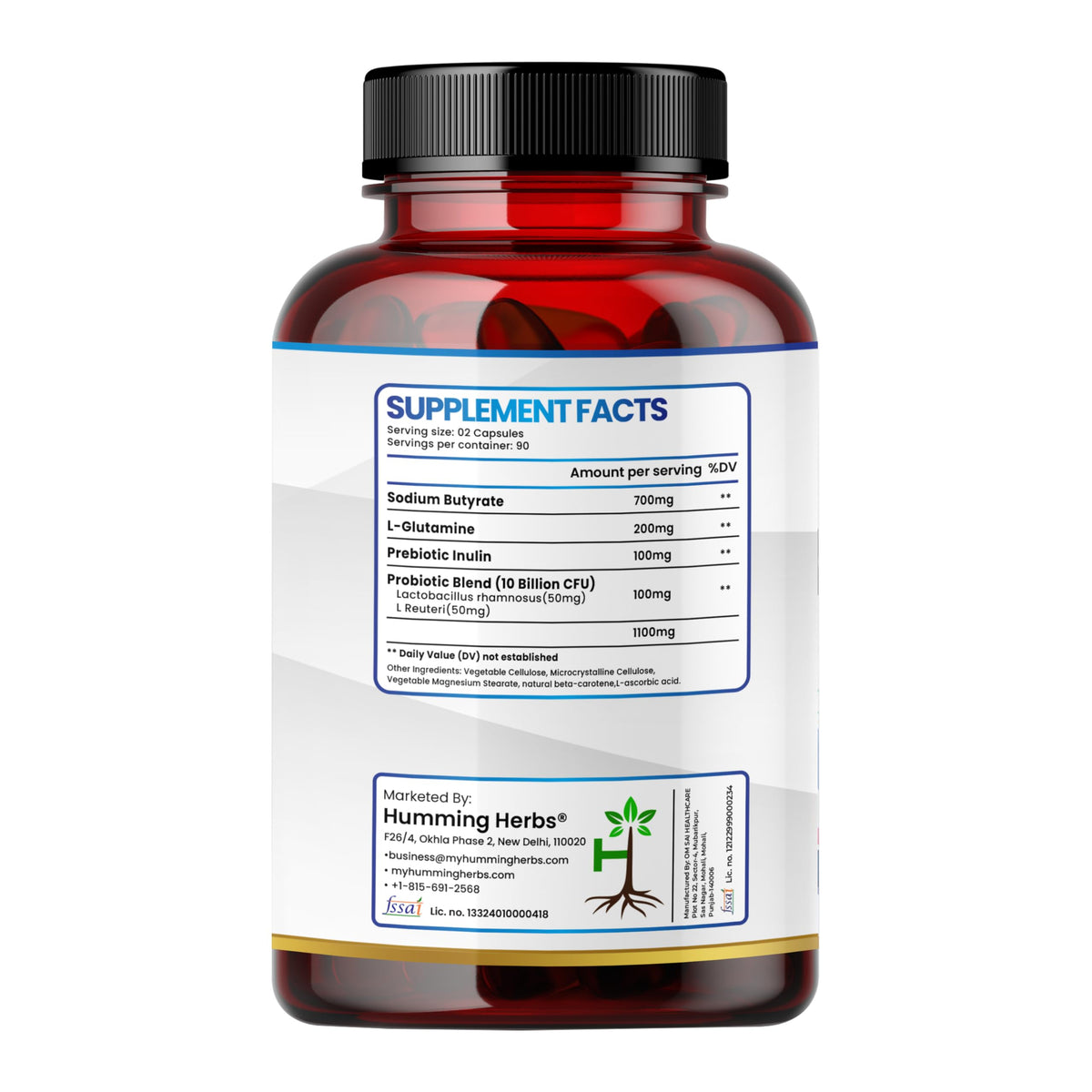 Capsules de Butyrate de Sodium Humming Herbs sur fond blanc