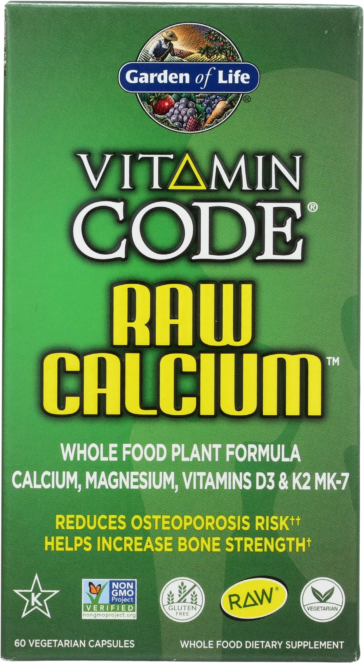 Capsules de Calcium Brut Garden of Life, présentation sur fond blanc