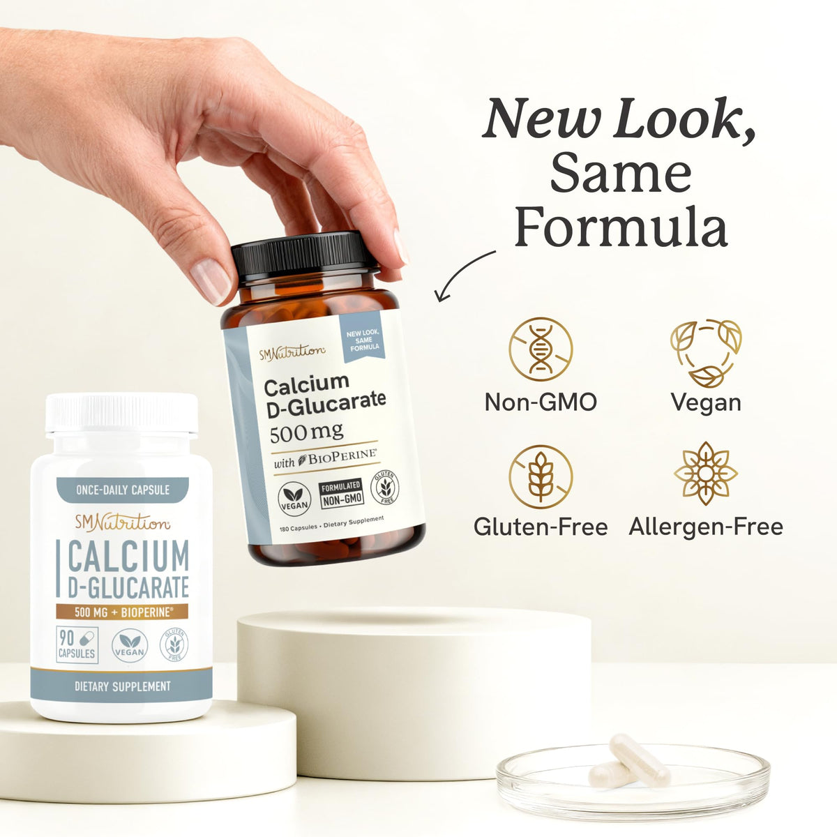 Capsules de Calcium D-Glucarate 500mg SMNutrition sur une surface blanche