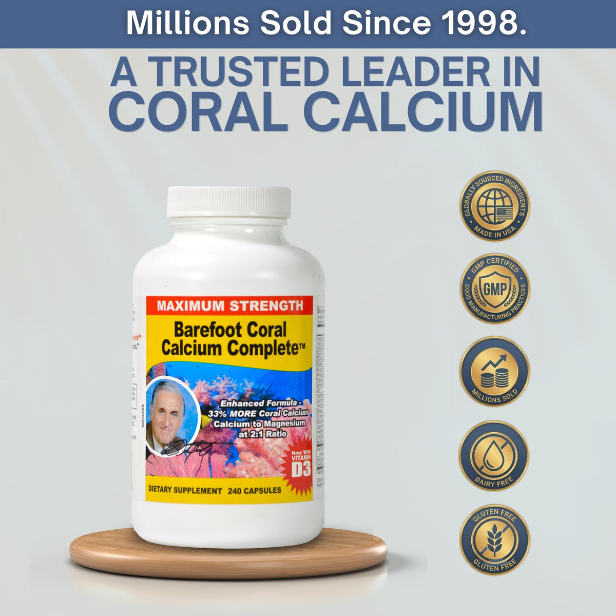 Capsules de calcium de corail Barefoot à côté du flacon