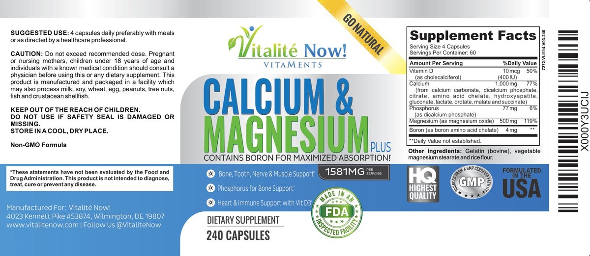 Capsules de Calcium Magnésium Vitalité Now! sur une table en bois