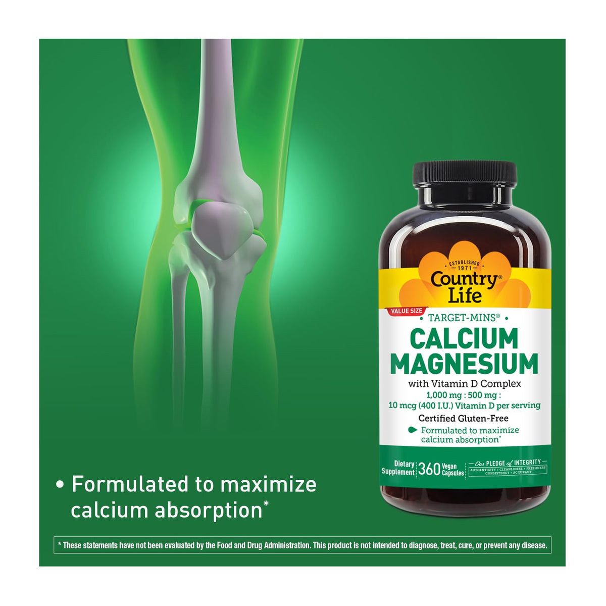 Capsules de Calcium Magnésium Vitamine D de Country Life sur fond blanc