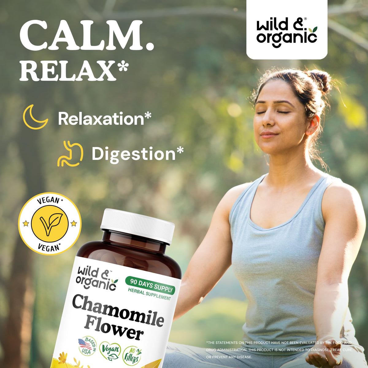 Capsules de camomille Wild & Organic sur une surface en bois