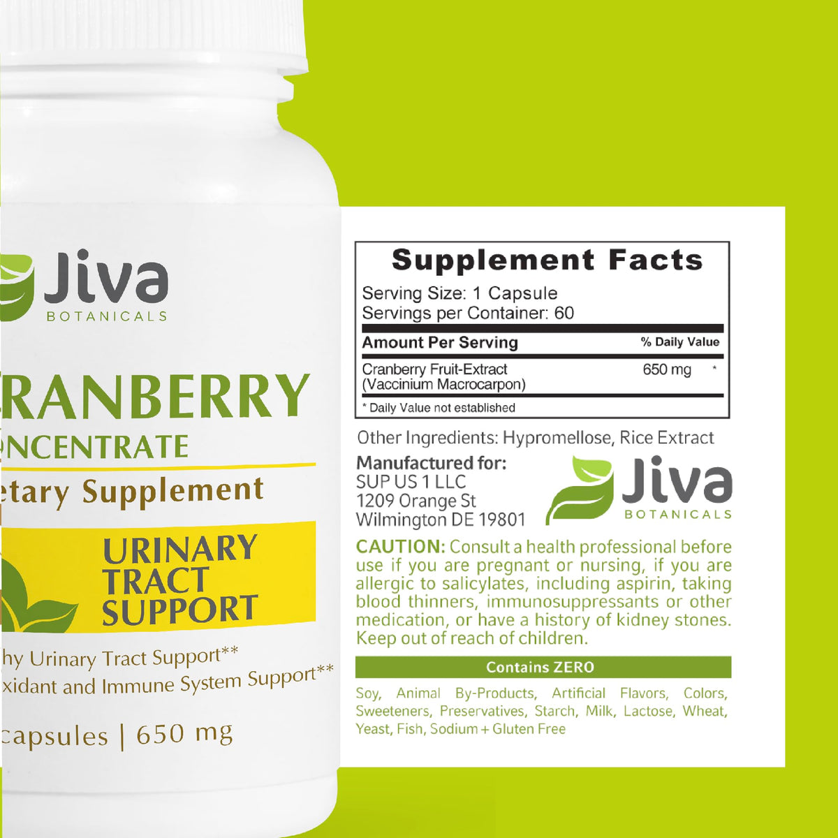 Capsules de canneberge Jiva Botanicals sur fond blanc
