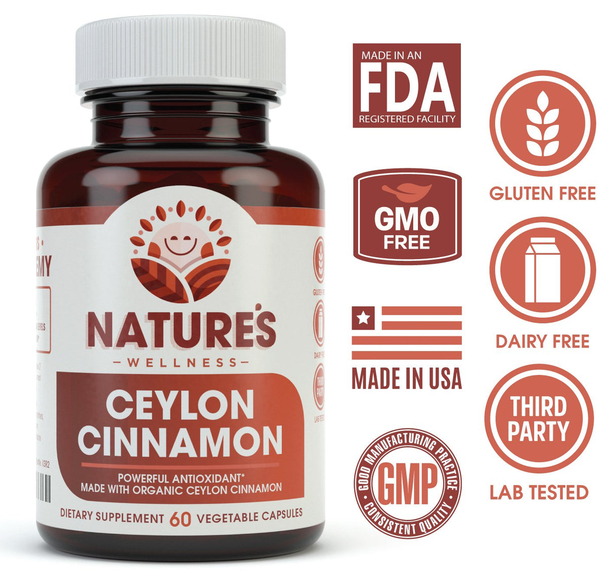 Capsules de cannelle Ceylan bio Natures Wellness sur un fond blanc