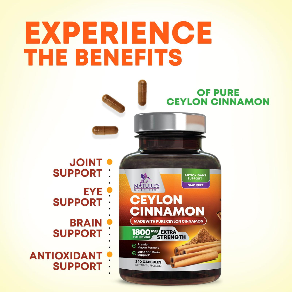 Capsules de cannelle de Ceylan bio avec une cuillère pour dosage