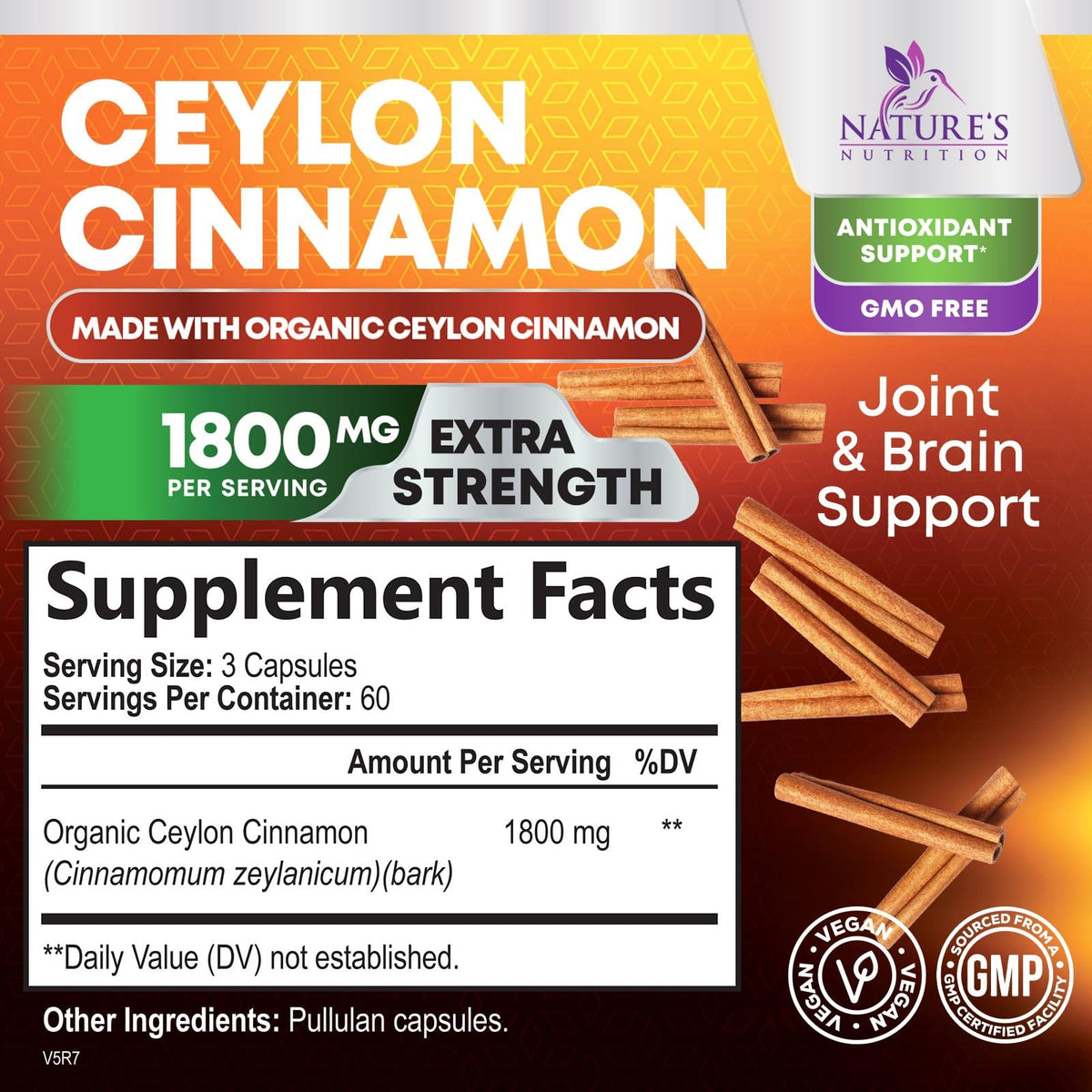Capsules de cannelle de Ceylan bio Nature's Nutrition sur fond blanc
