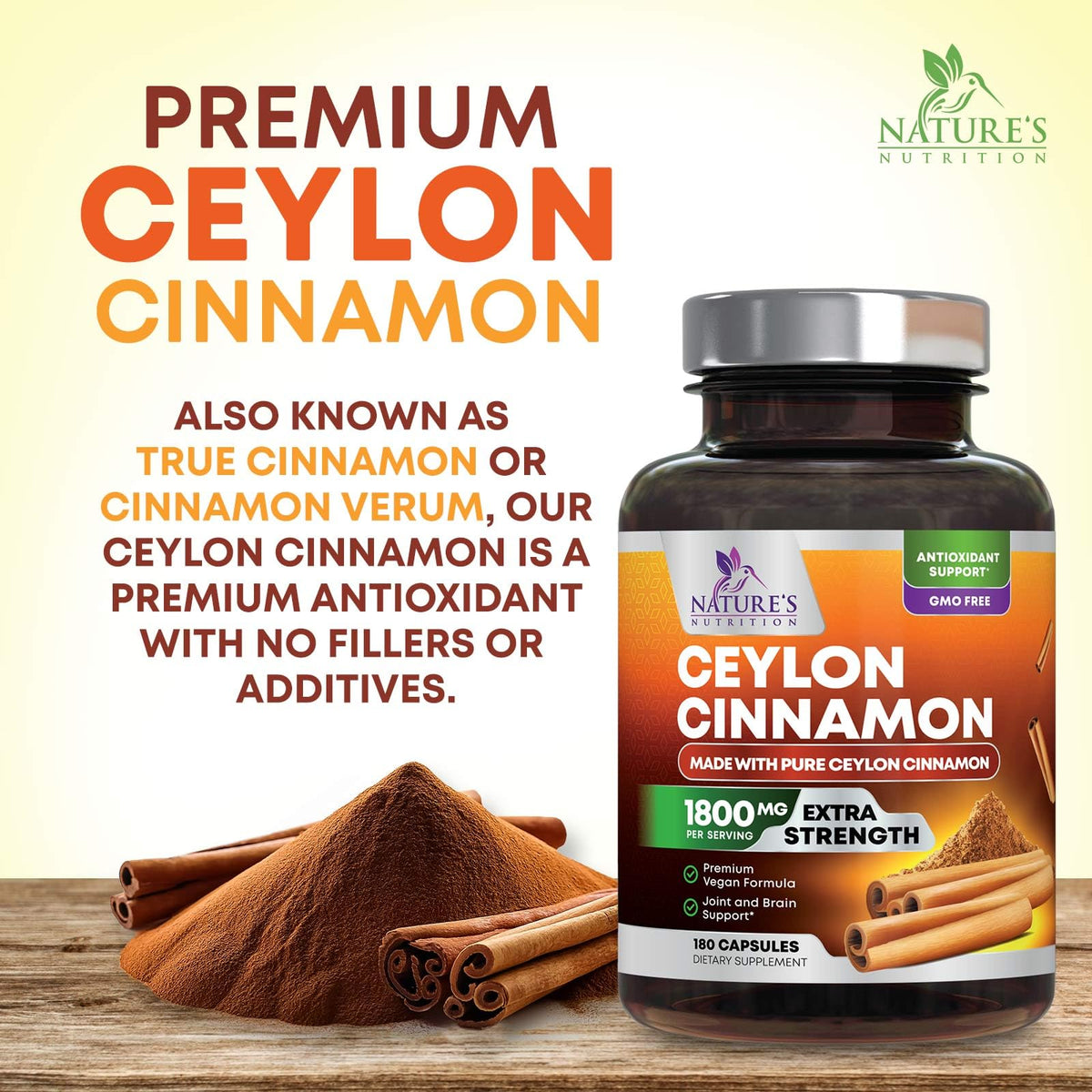 Capsules de cannelle de Ceylan bio Nature's Nutrition sur une table