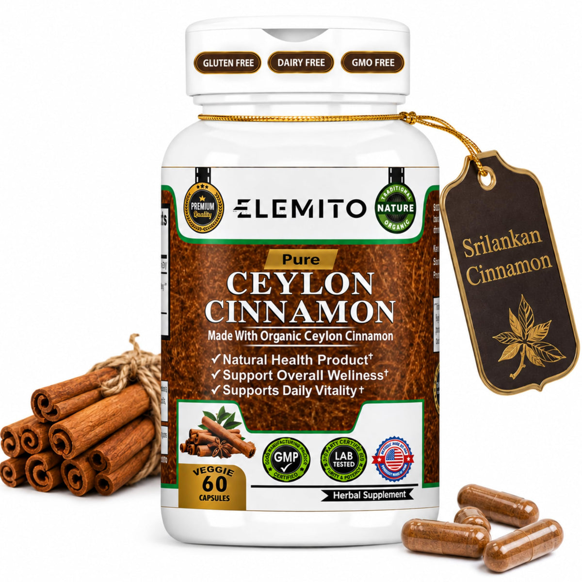 Capsules de cannelle de Ceylan ELEMITO 1200mg vue de face