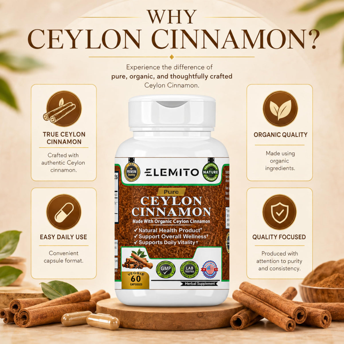 Capsules de cannelle de Ceylan ELEMITO sur un fond neutre