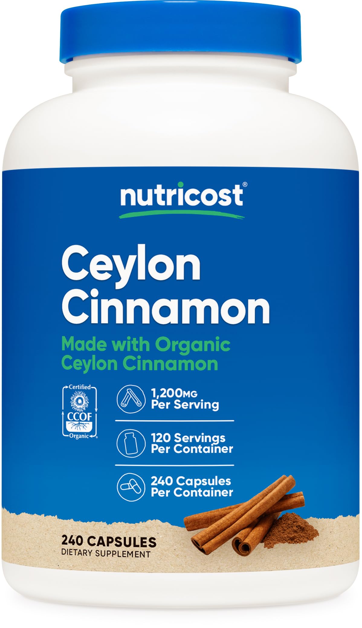 Capsules de Cannelle de Ceylan Nutricost 240 capsules vue de face