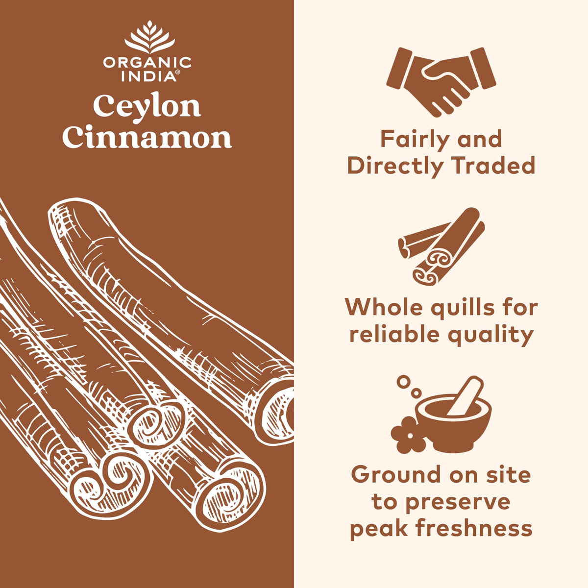 Capsules de cannelle de Ceylan ORGANIC INDIA sur une surface en bois