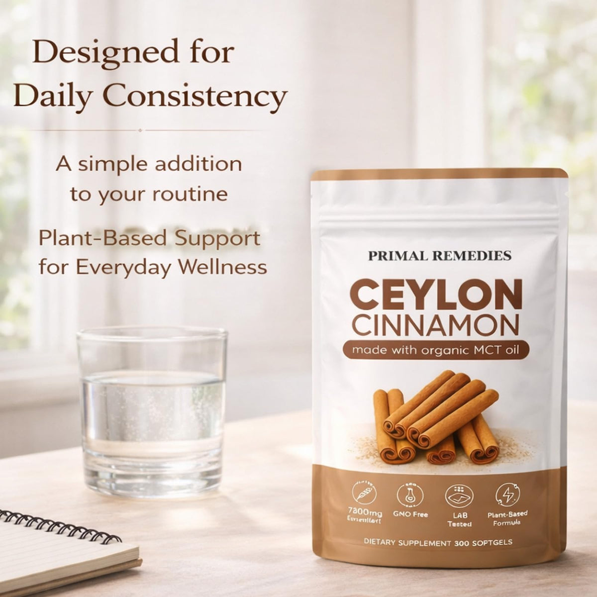 Capsules de Cannelle de Ceylan WHDEOW à côté d'un verre d'eau