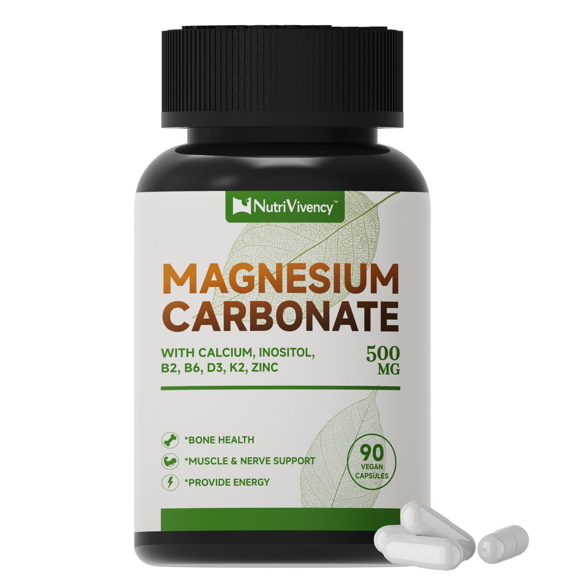 Capsules de carbonate de magnésium NutriVivency 500 mg, bouteille vue de face