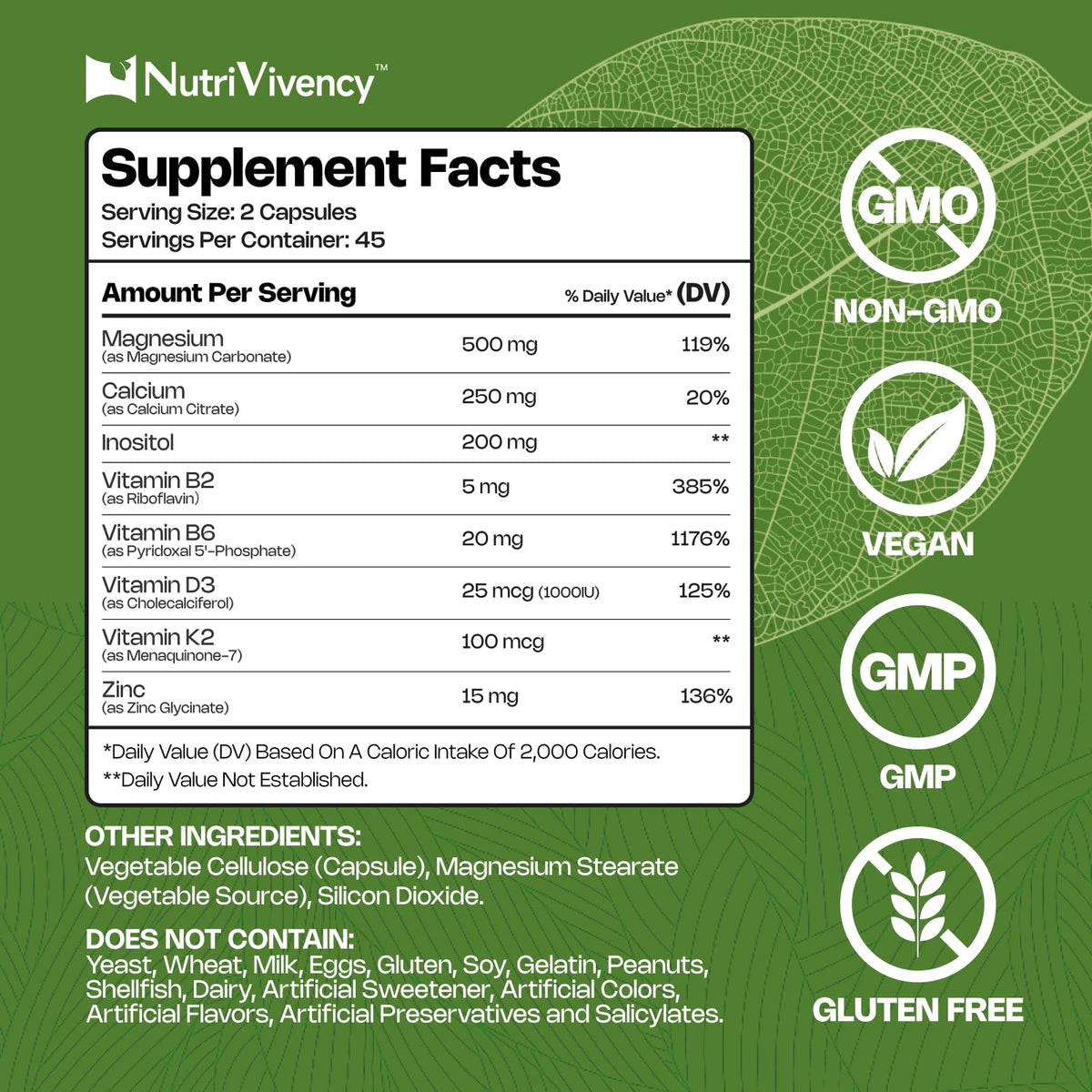 Capsules de carbonate de magnésium NutriVivency 500 mg, capsules sur fond blanc