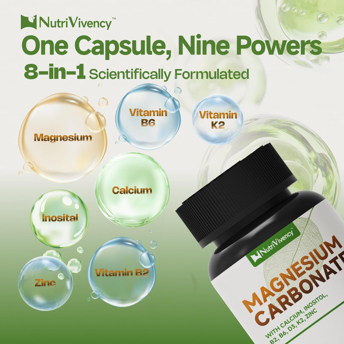 Capsules de carbonate de magnésium NutriVivency, taille 0, vue rapprochée