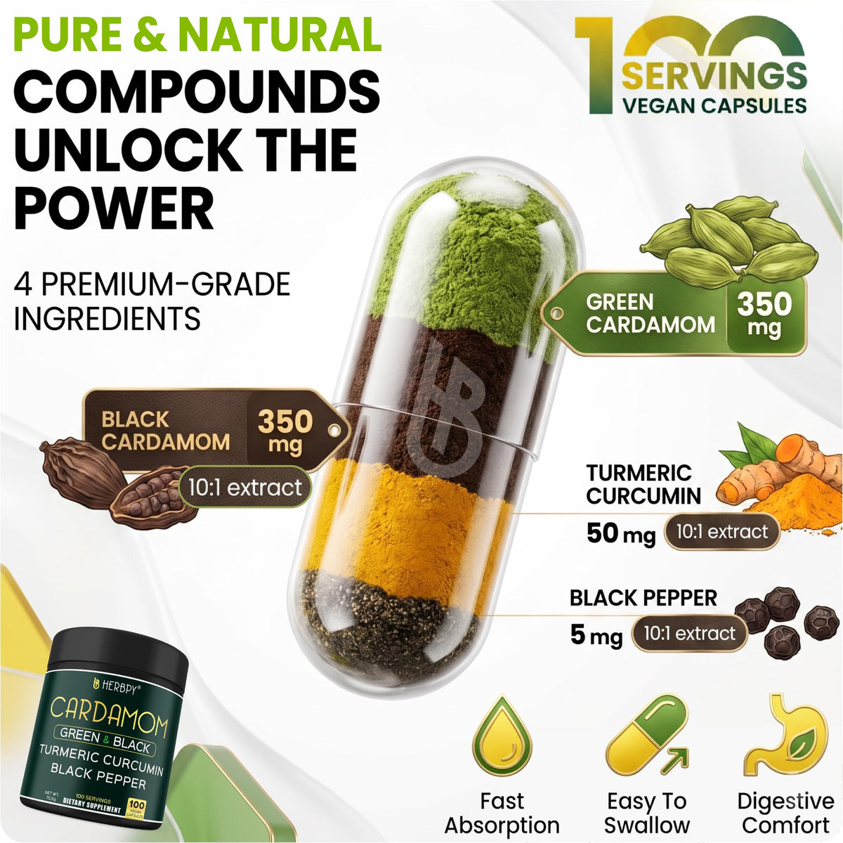 Capsules de cardamome Herbpy sur une surface en bois