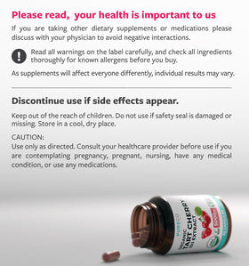 Capsules de cerise acide bio avec des cerises fraîches en arrière-plan