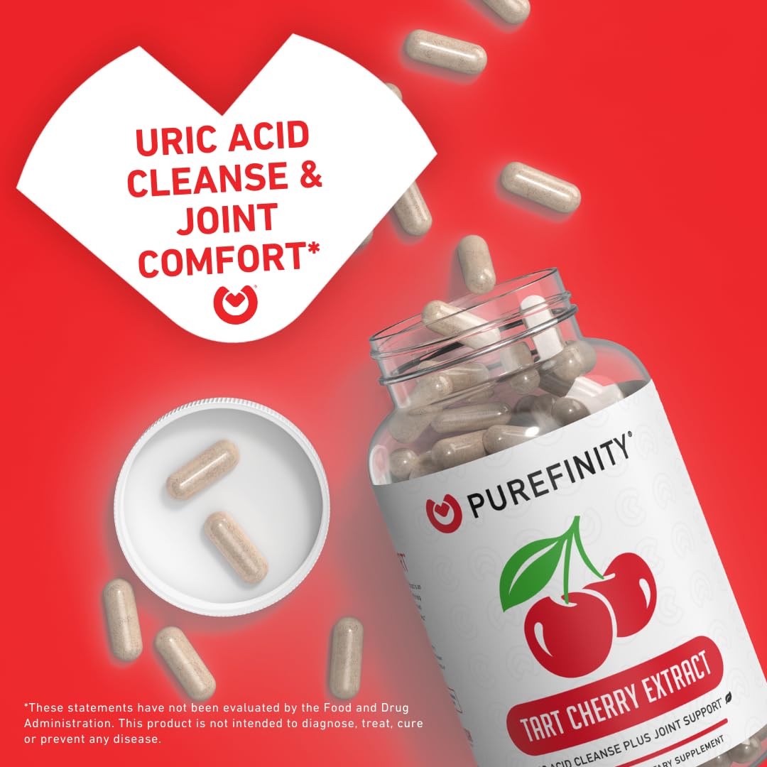 Capsules de cerise acide tartrique PUREFINITY sur une surface blanche.