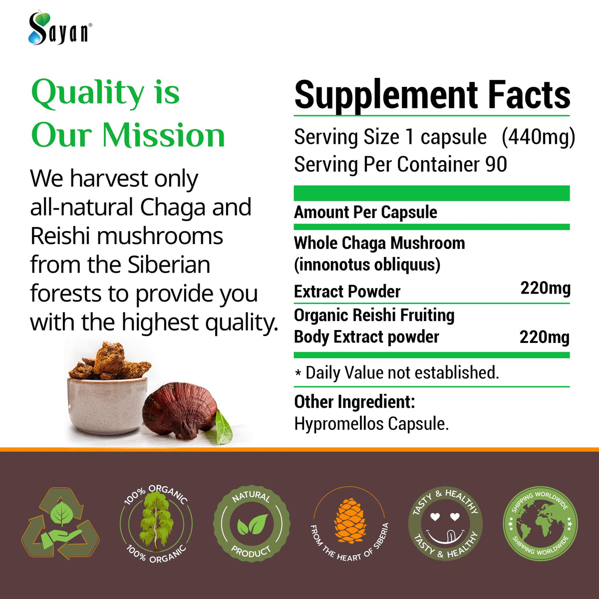Capsules de Chaga et Reishi Sayan avec des ingrédients naturels