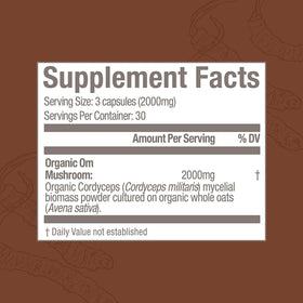 Capsules de champignon Cordyceps OM MUSHROOM SUPERFOOD avec verre d'eau
