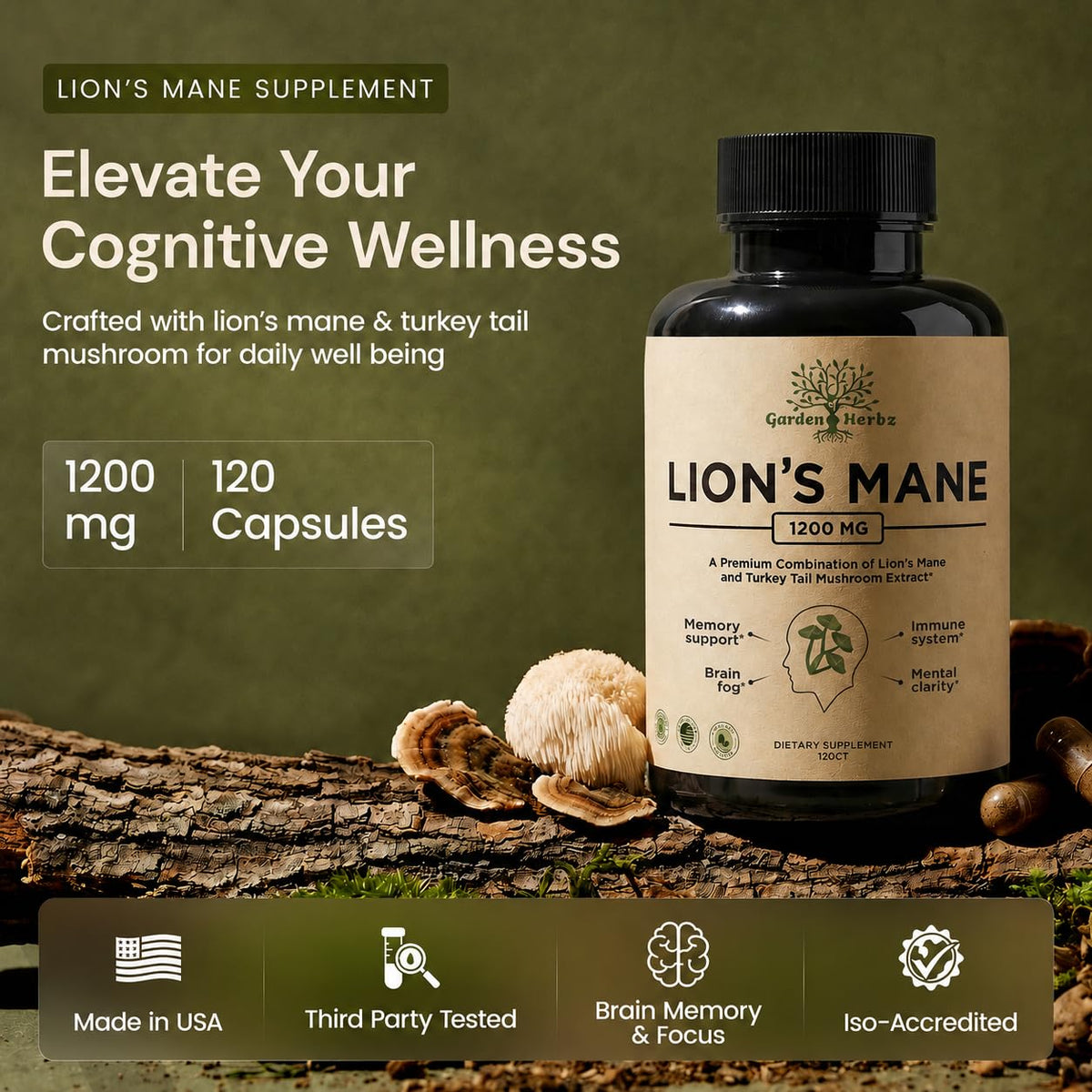 Capsules de champignon Crinière de Lion Garden of Herbz sur une surface en bois
