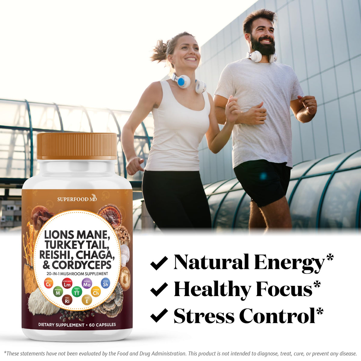 Capsules de Champignon Lion et Racine de Guimauve Superfood MD sur fond blanc
