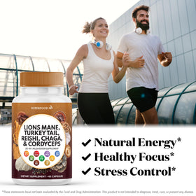 Capsules de Champignon Lion et Racine de Guimauve Superfood MD sur fond blanc