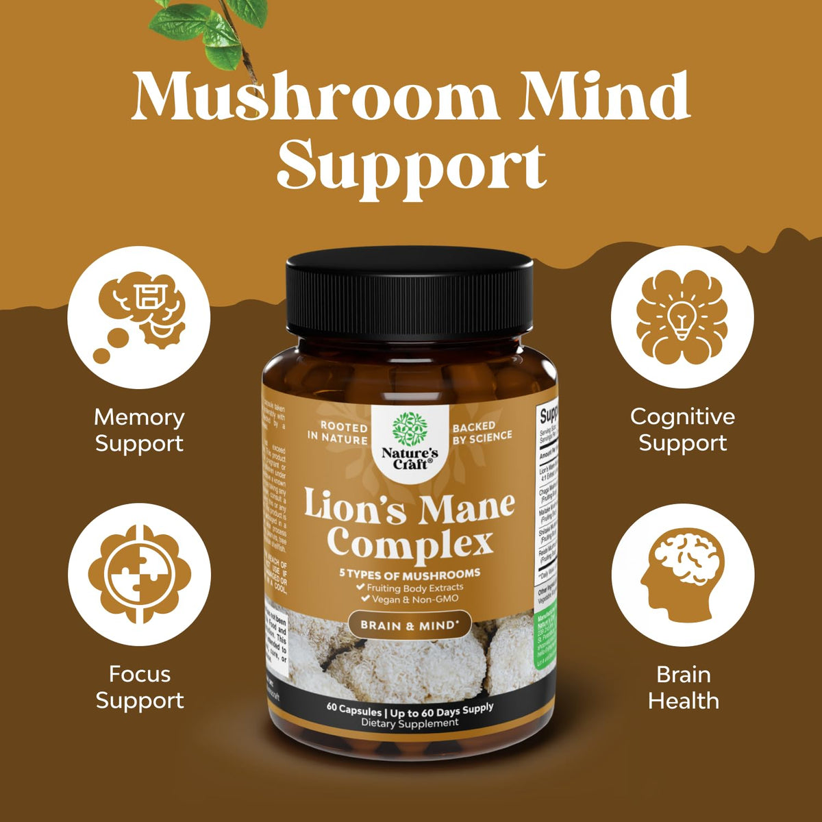 Capsules de champignon Lion Natures Craft sur une surface en bois