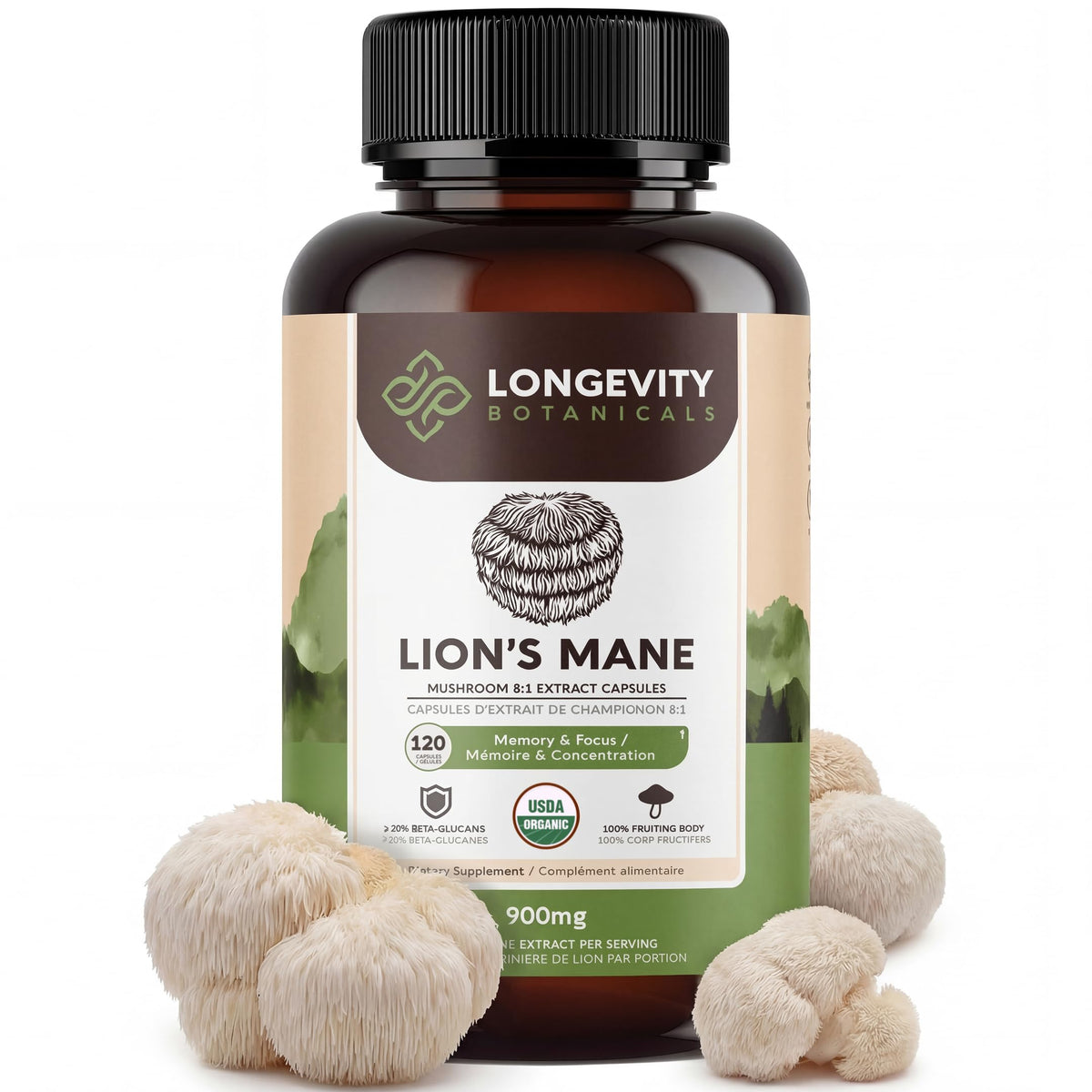 Capsules de champignon Lion's Mane Longevity Botanicals vue avant