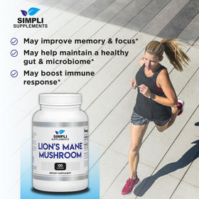 Capsules de champignon lion Simpli Supplements sur un fond neutre