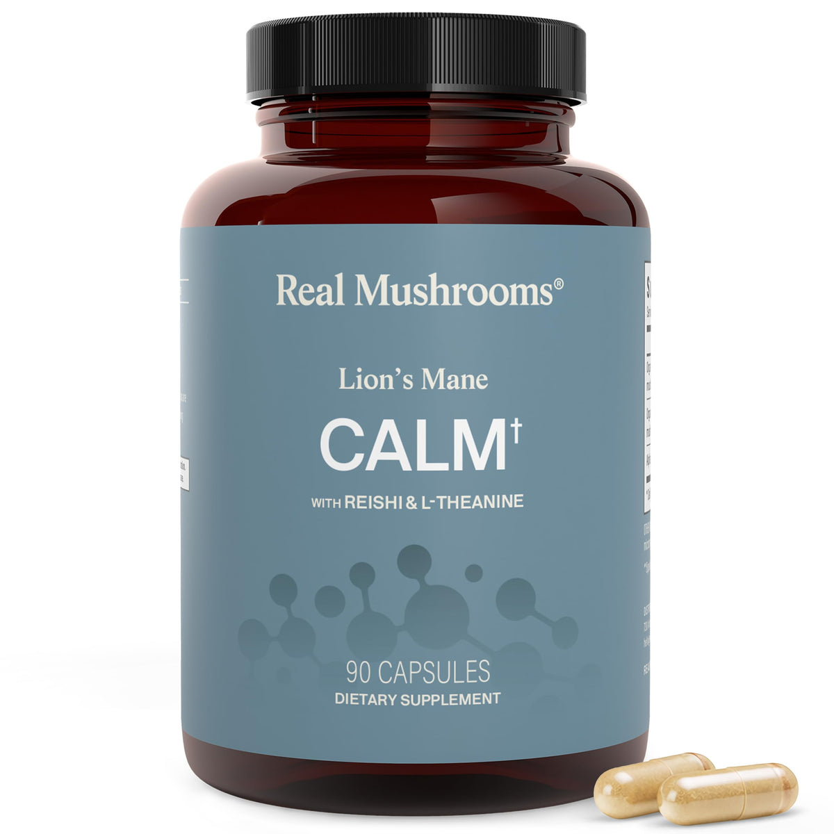 Capsules de champignon Reishi de Real Mushrooms en pot sur fond blanc