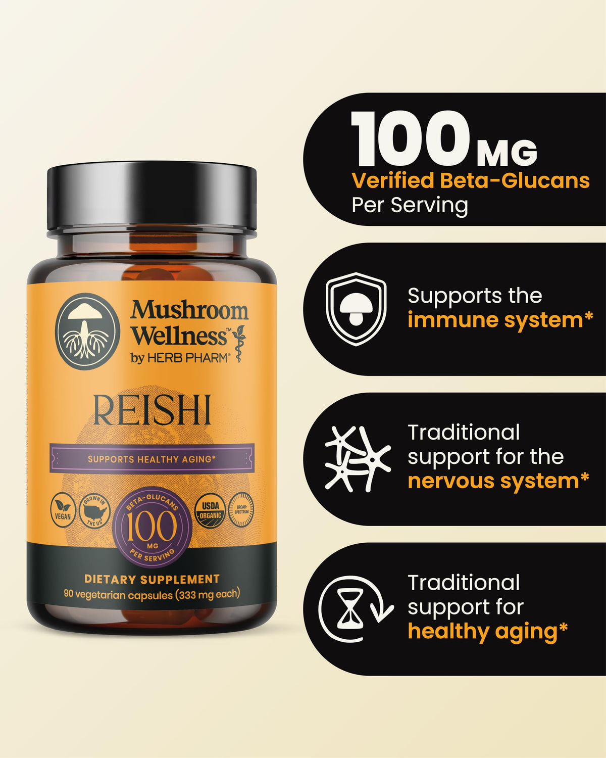 Capsules de champignon Reishi Herb Pharm sur fond blanc