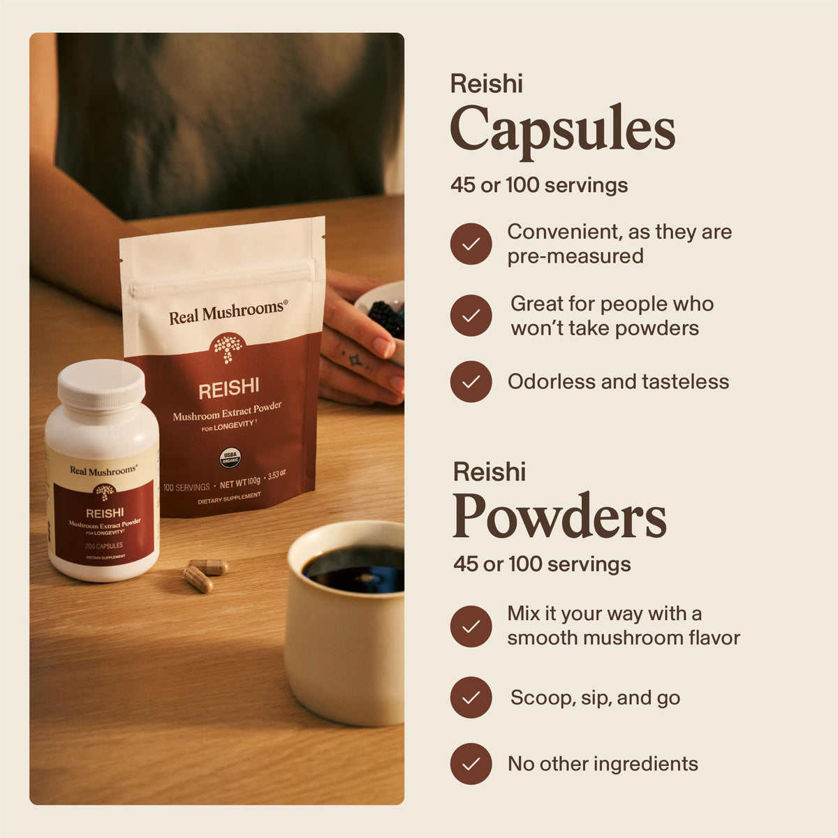 Capsules de champignon Reishi sur une table en bois