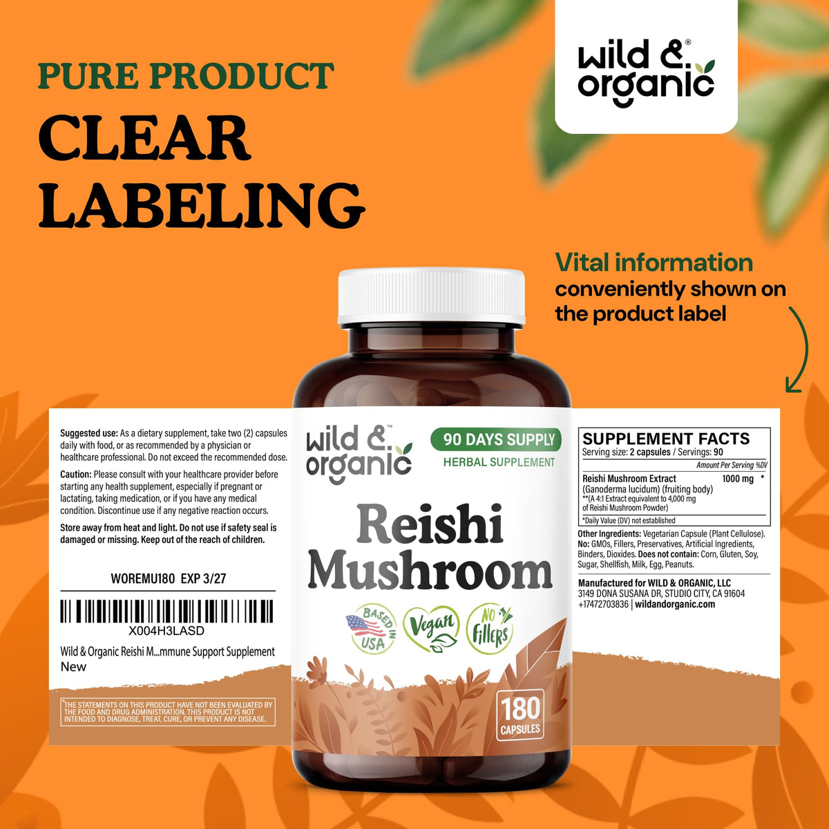 Capsules de champignon Reishi Wild & Organic avec des ingrédients naturels en arrière-plan