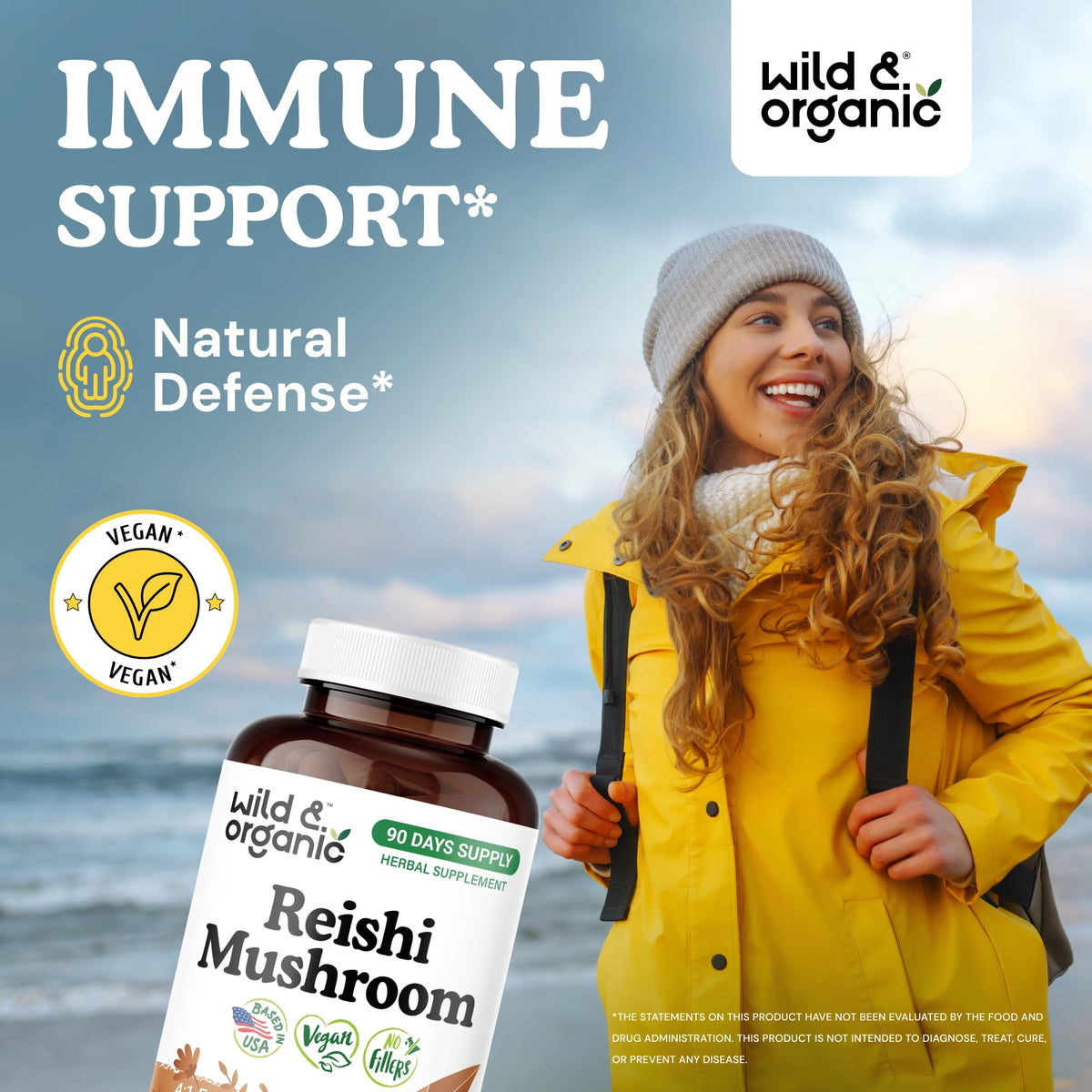 Capsules de champignon Reishi Wild & Organic sur une surface blanche