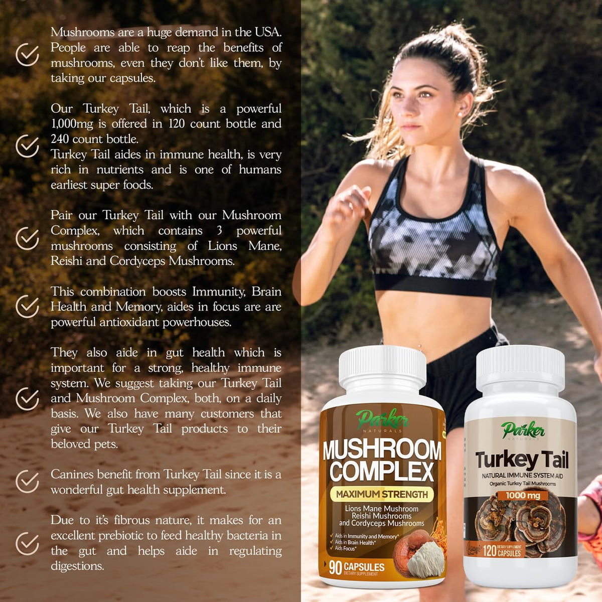 Capsules de champignon Turkey Tail Parker Naturals à côté d'autres compléments alimentaires