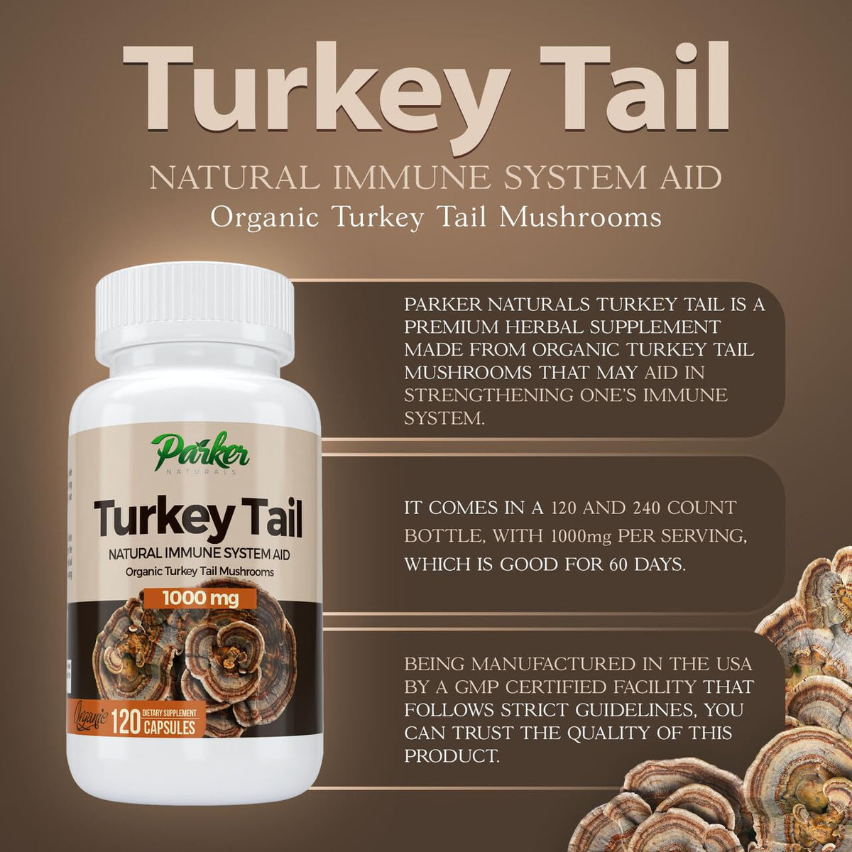 Capsules de champignon Turkey Tail Parker Naturals sur une table