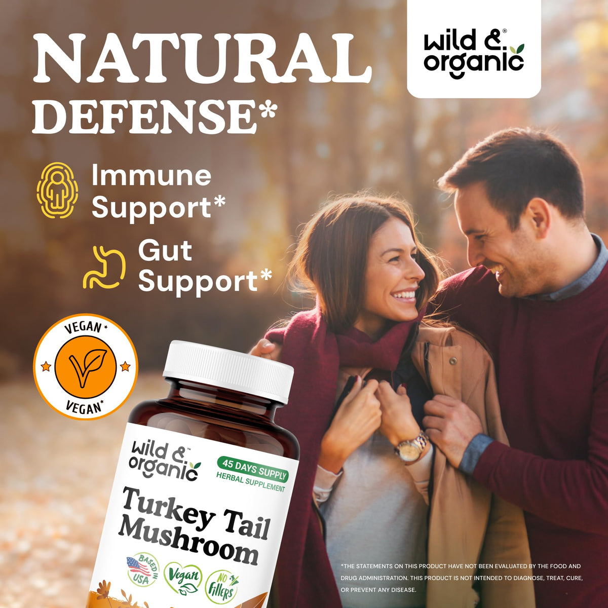 Capsules de champignon Turkey Tail Wild & Organic sur fond blanc