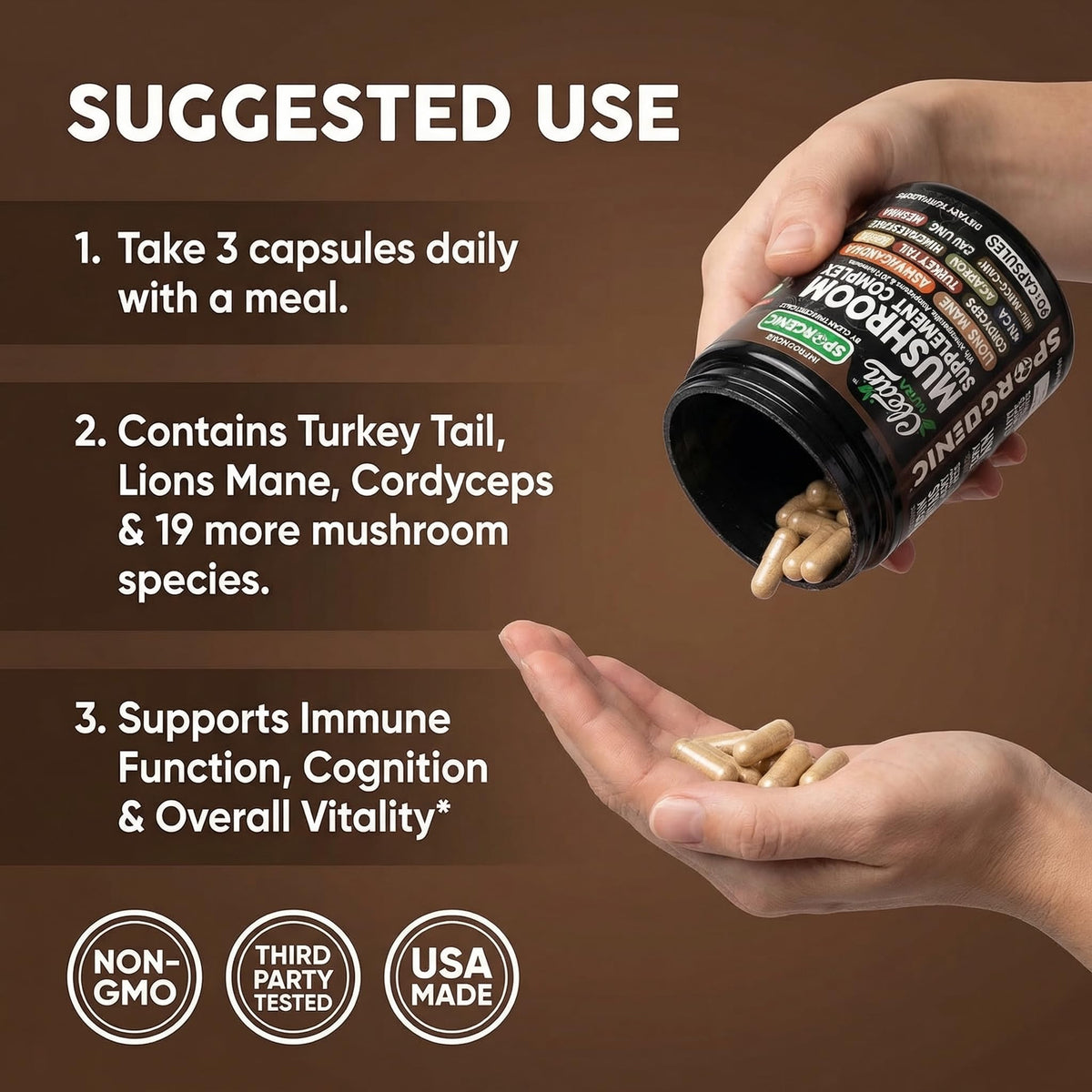 Capsules de champignons bio Clean Nutraceuticals sur une surface en bois