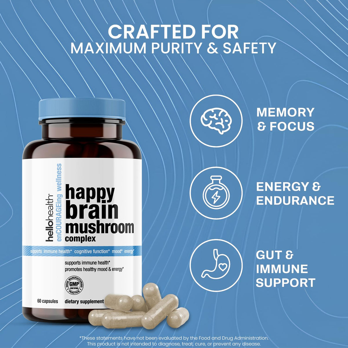 Capsules de champignons HELLO HEALTH sur une table