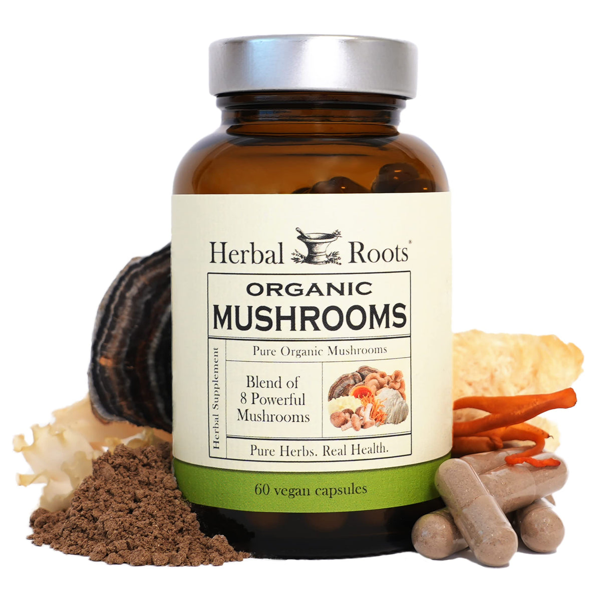 Capsules de champignons Herbal Roots 100% bio, vue de face