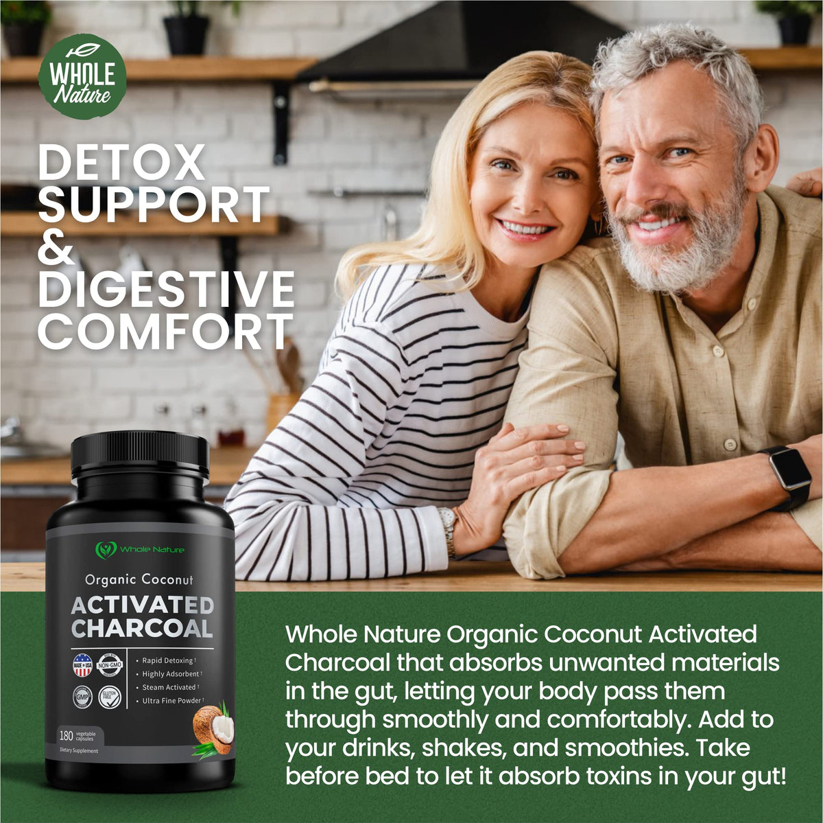 Capsules de charbon actif de coco Whole Nature, format pratique