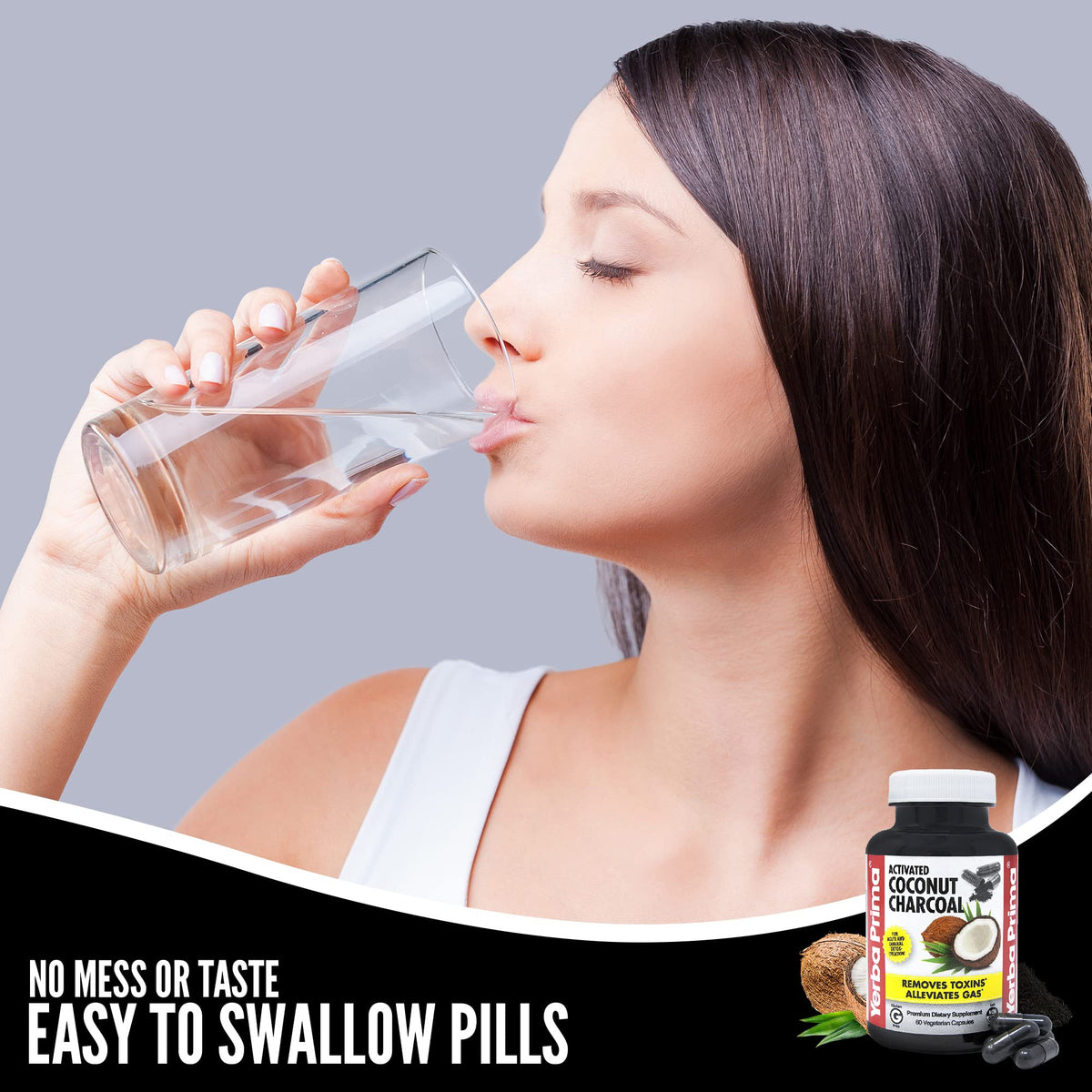 Capsules de charbon actif de coco Yerba Prima sur fond blanc