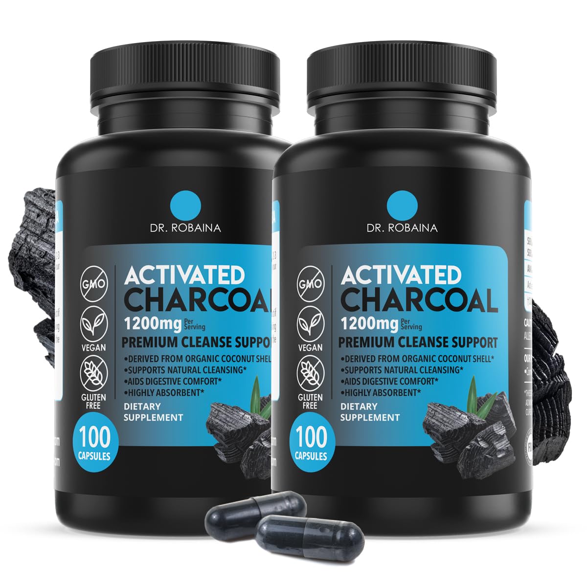 Capsules de charbon actif Dr. Robaina 1200 mg, vue de face