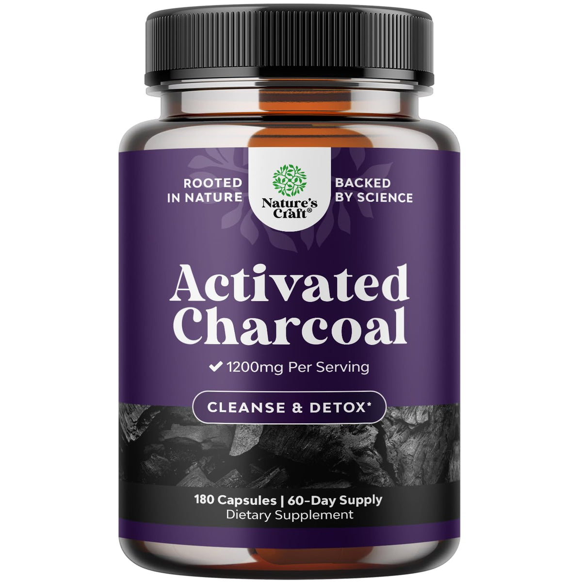 Capsules de charbon actif Natures Craft 1200mg, flacon de 180 unités