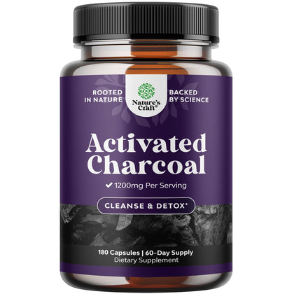Capsules de charbon actif Natures Craft 1200mg, flacon de 180 unités