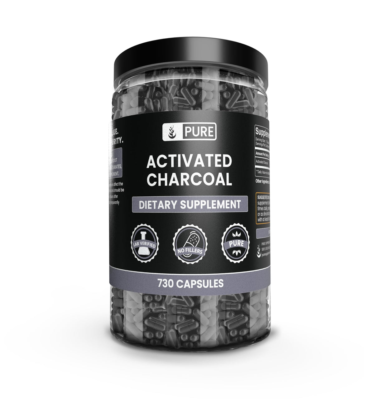 Capsules de charbon actif PURE ORIGINAL INGREDIENTS en vue de face