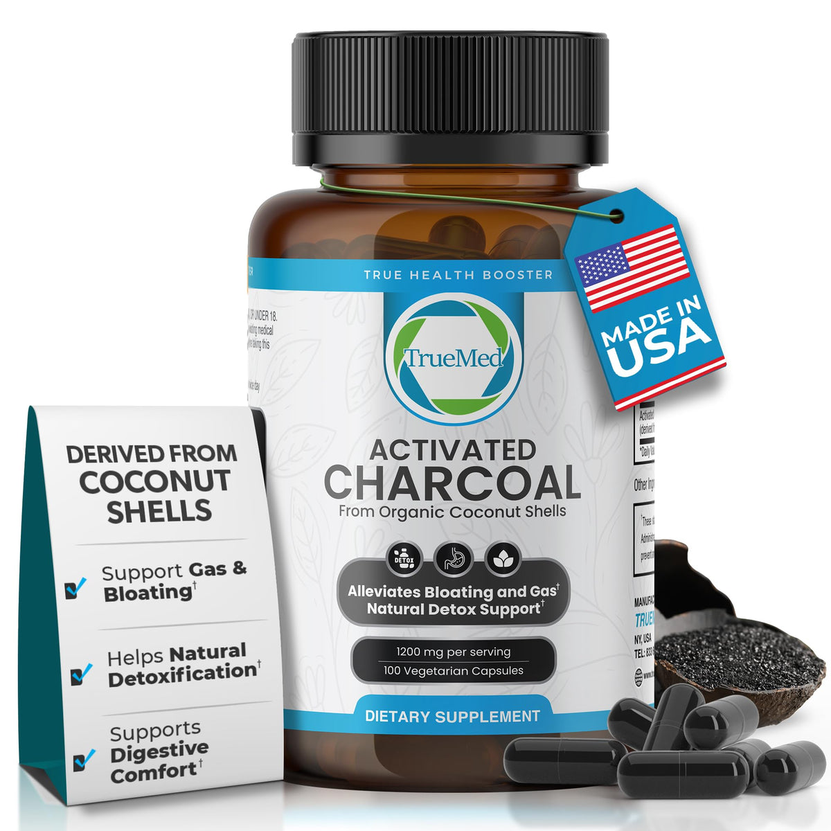 Capsules de charbon actif TRUEMED 1200mg, flacon avant
