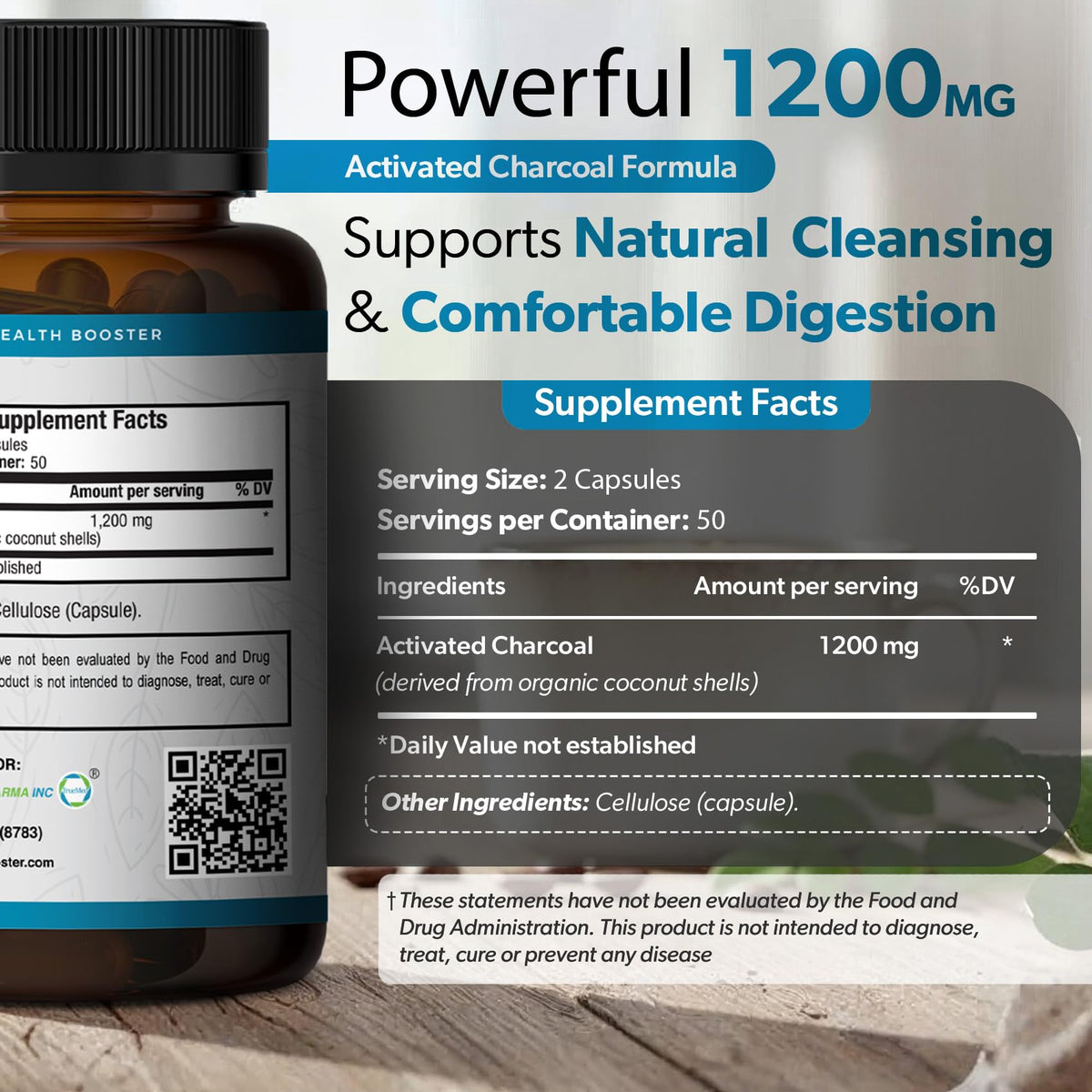 Capsules de charbon actif TRUEMED 1200mg, flacon ouvert avec capsules